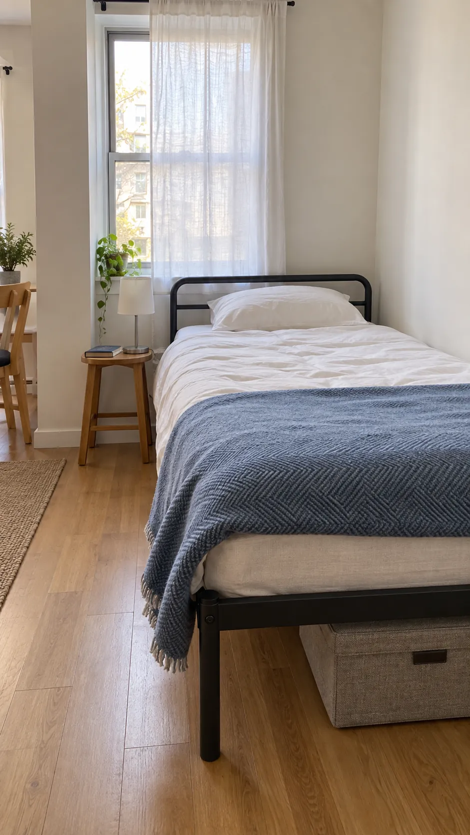 A restful real interior photograph centered on an inexpensive bed that supports everyday sleep in a studio