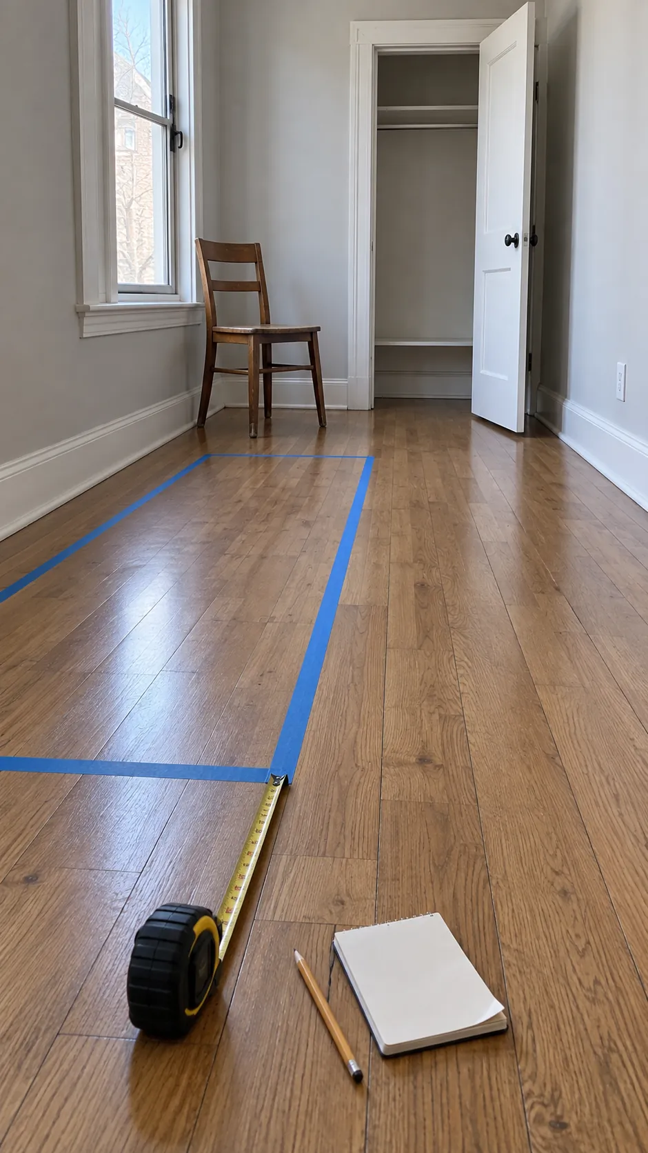 A documentary interior photograph showing a renter planning the usable footprint of a small studio before buying furniture