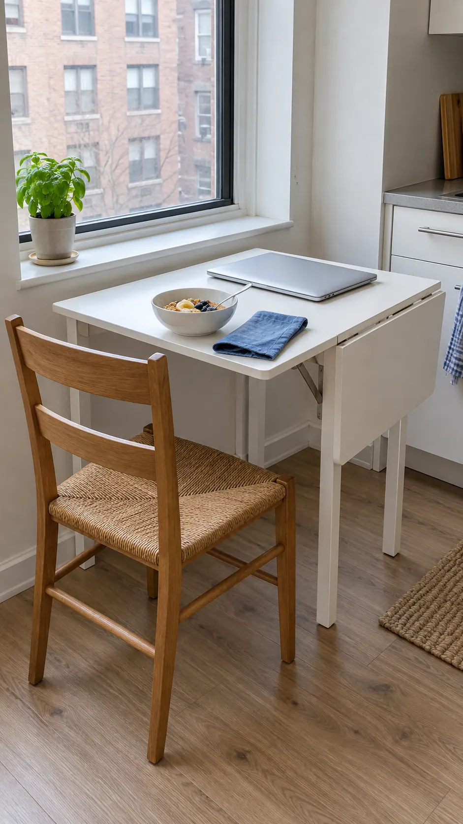 Photograph a compact table performing both dining and light laptop work in an actual studio apartment