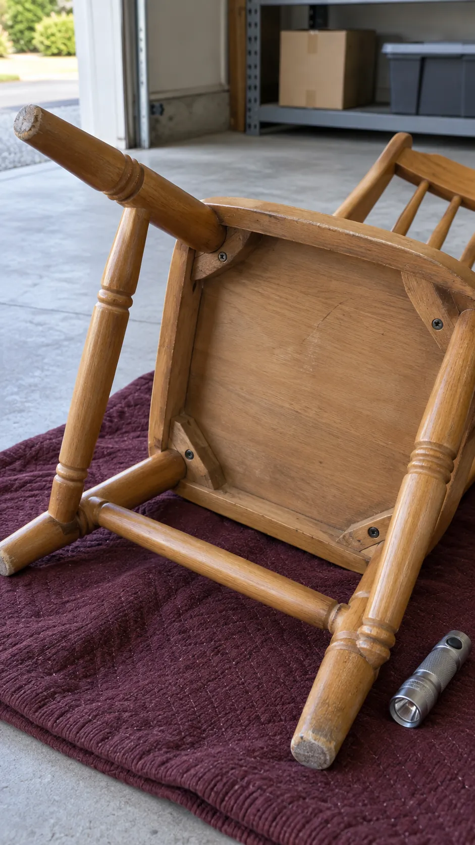 A detailed photograph of a solid wooden dining chair being assessed before a secondhand purchase