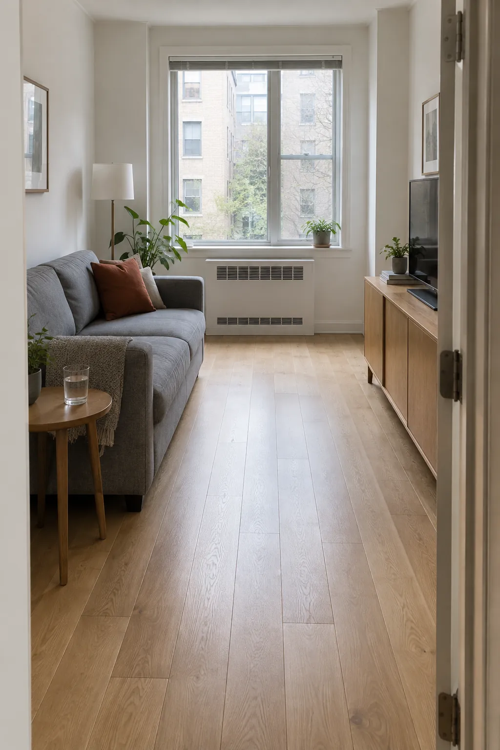 Create a real interior photograph explaining an unobstructed sightline in a small apartment