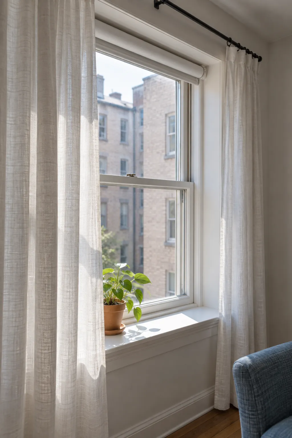 A detailed real photograph of light curtains gathered beside an apartment window, showing how daytime fabric placement preserves the visible glass