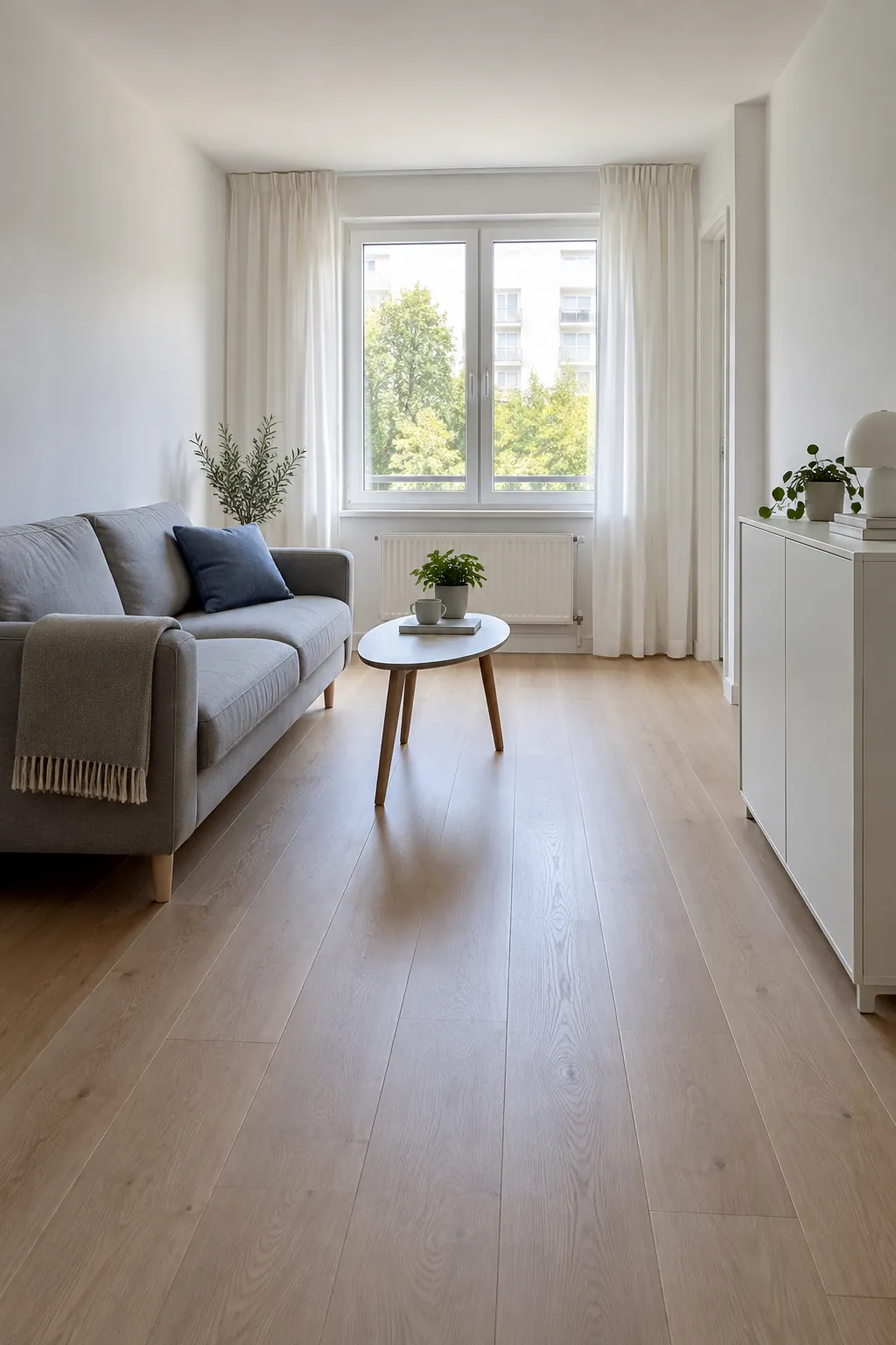 Small apartment with a clear walkway and daylight around simple furniture