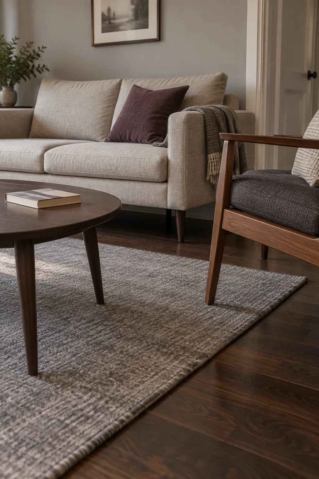 Photograph the lighter visual outline of furniture raised on open legs in a compact sitting area