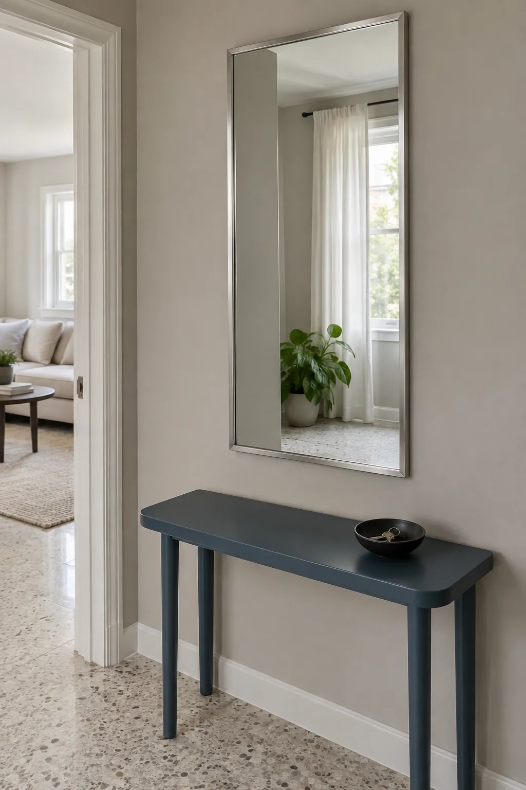 Create an accurate real photograph of a securely mounted mirror reflecting a calm patch of window light in a small apartment entry area