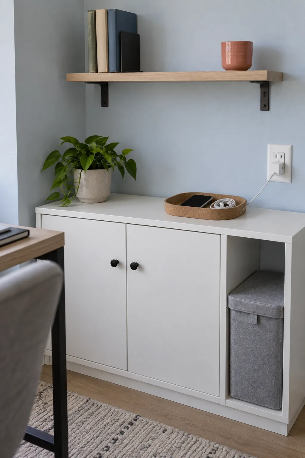 Create a realistic detail photograph of a small apartment storage area that combines closed compartments with a lightly used upper shelf