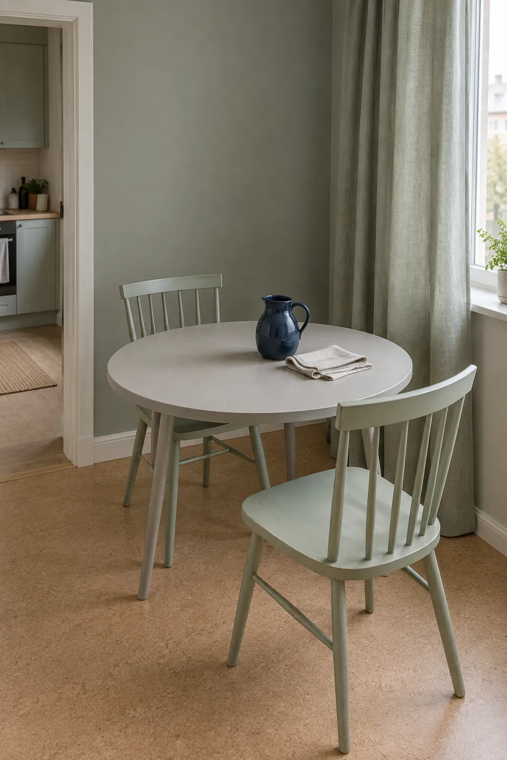 Photograph a small apartment dining corner whose large surfaces share a gentle tonal family