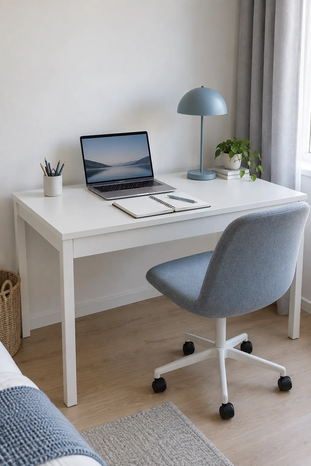 Aesthetic desk with a clear study area and dusty blue accents