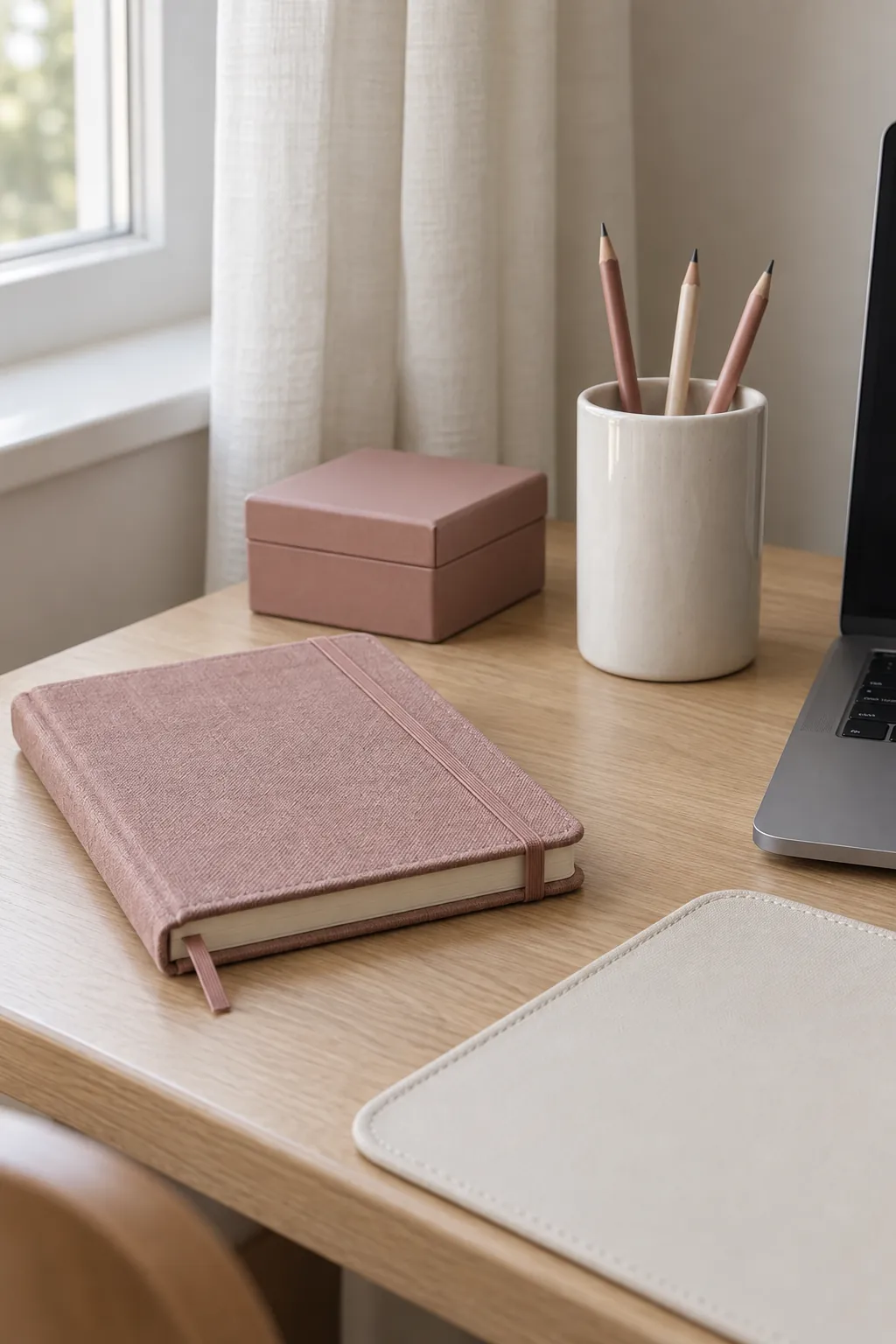 Dusty rose and ivory accessories on a pale oak desk
