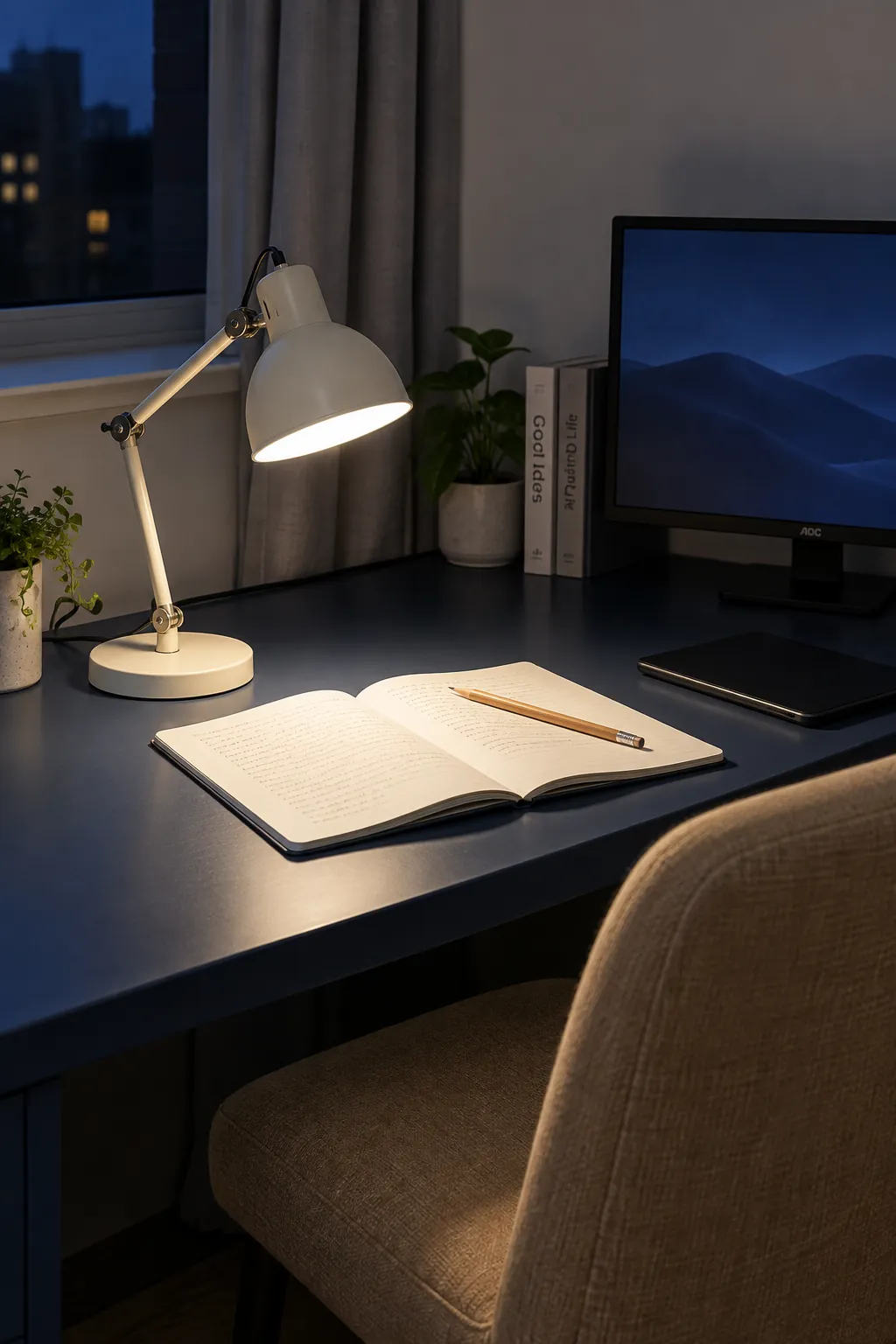 Task lamp illuminating a notebook at an evening study desk