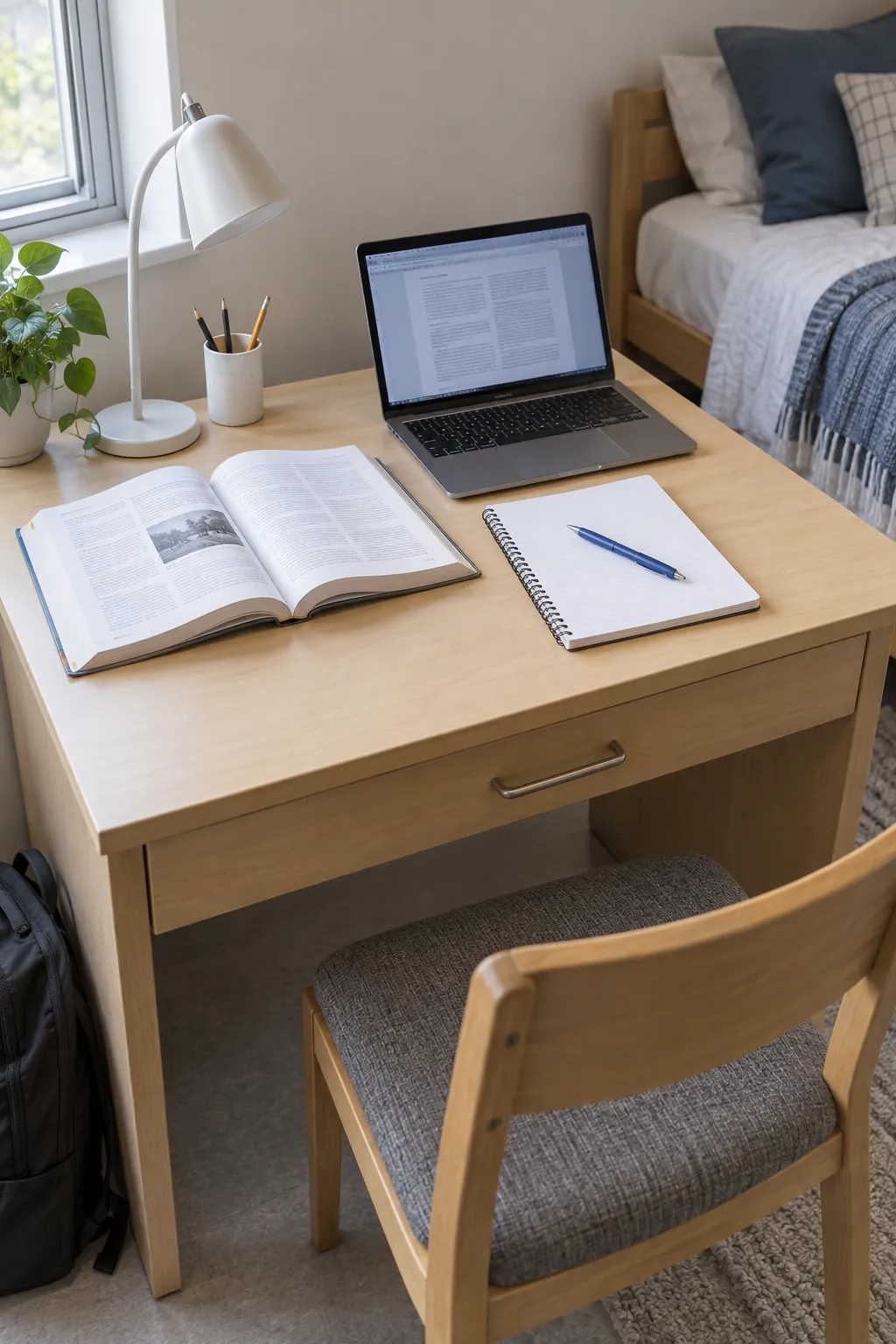 Small dorm desk with space for a laptop and open books