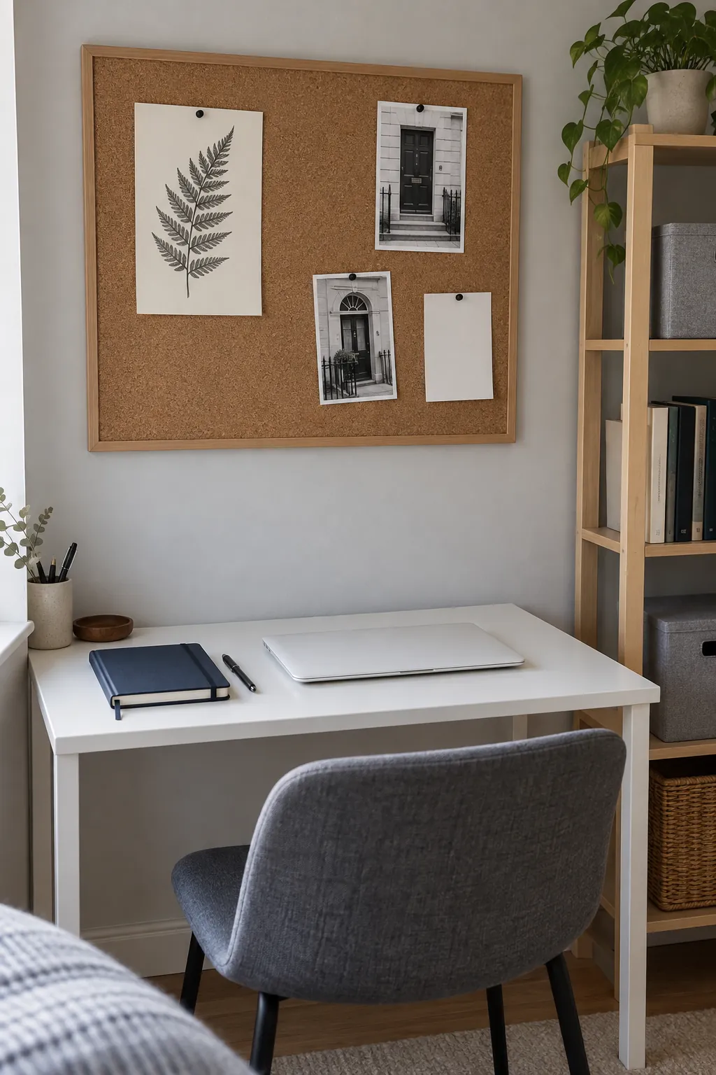 Cork pinboard with botanical drawing above a clear desk