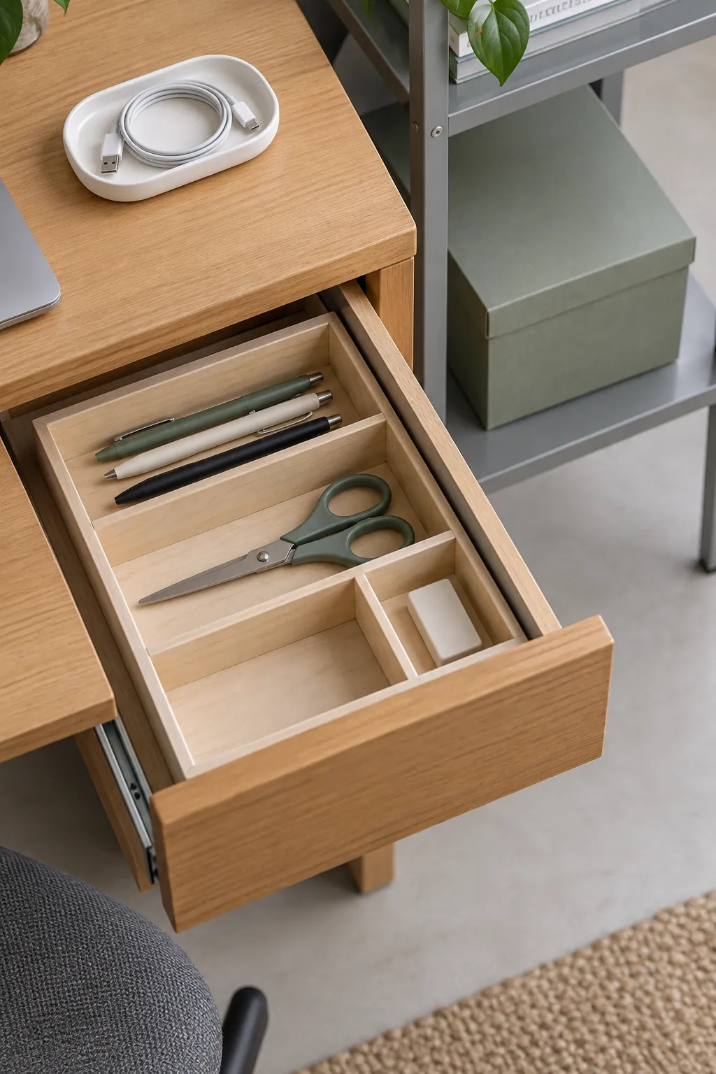 Open stationery drawer and sage storage box beside a desk