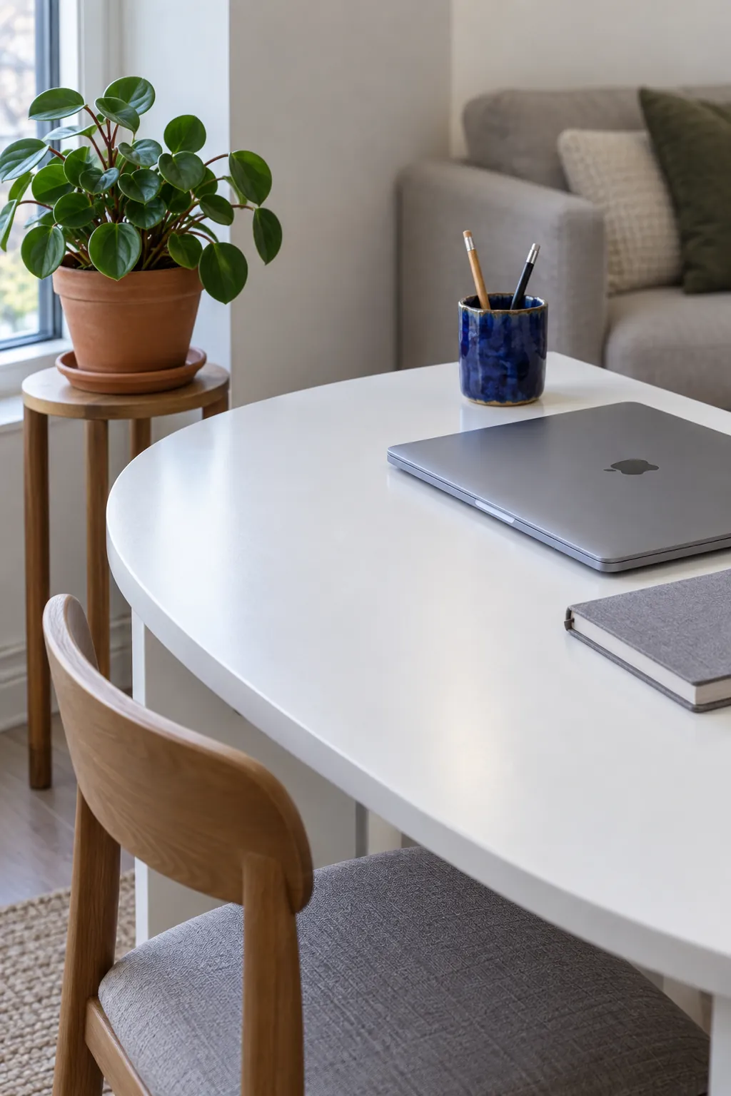 Personal desk corner with cobalt cup and a separate plant stand