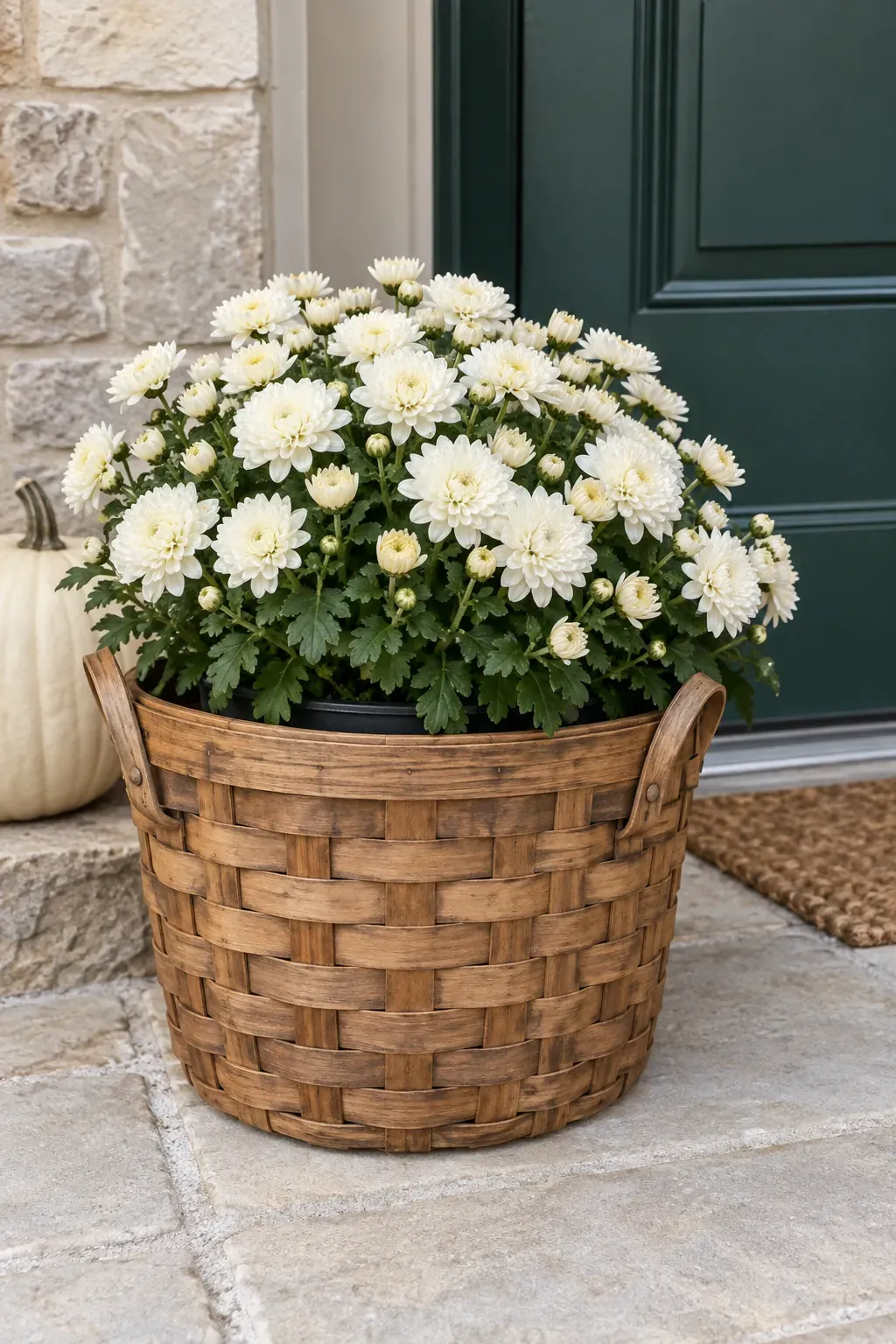 A Bushel Basket Mum Beside the Door on a rustic fall porch