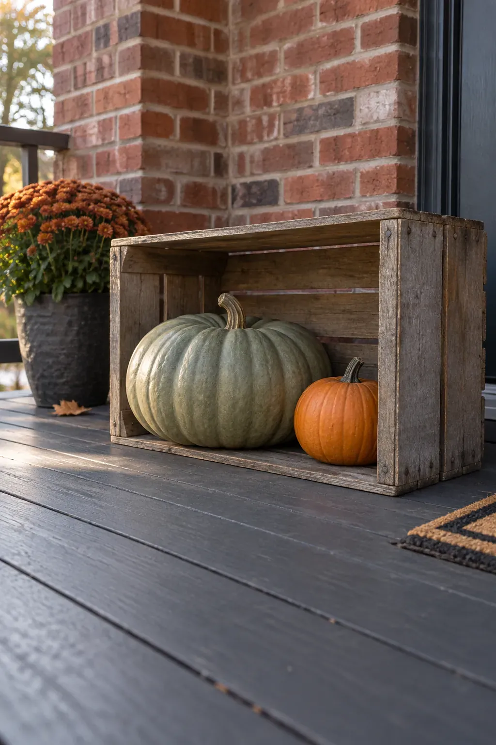 A Low Crate With Pumpkins Inside on a rustic fall porch