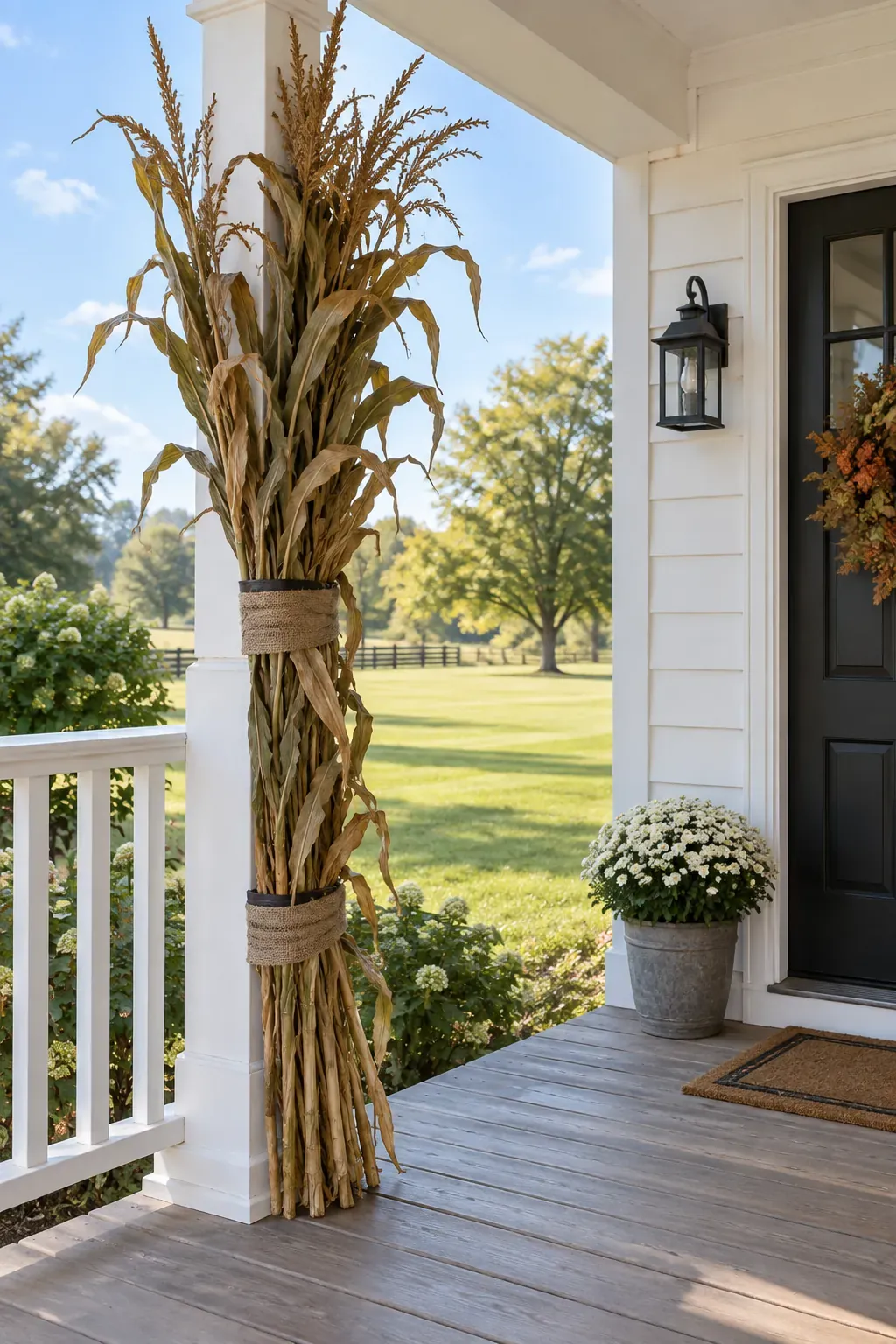 Cornstalks Tied to an Outer Post on a rustic fall porch