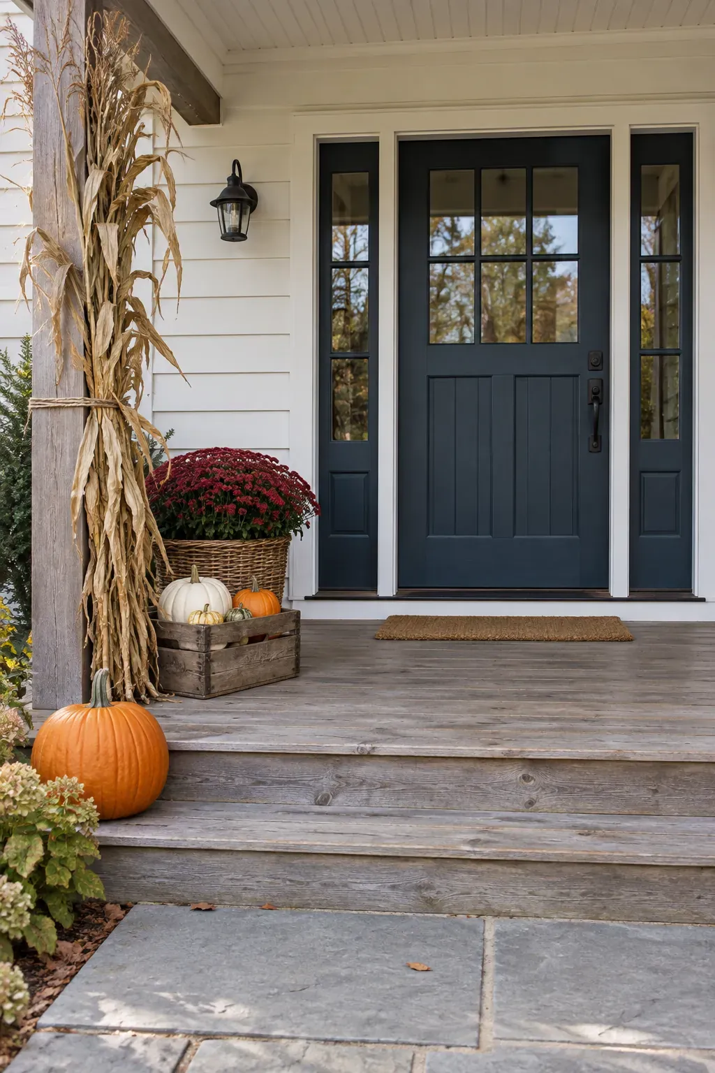 Rustic fall porch with a mum basket, pumpkin crate, and secured cornstalks