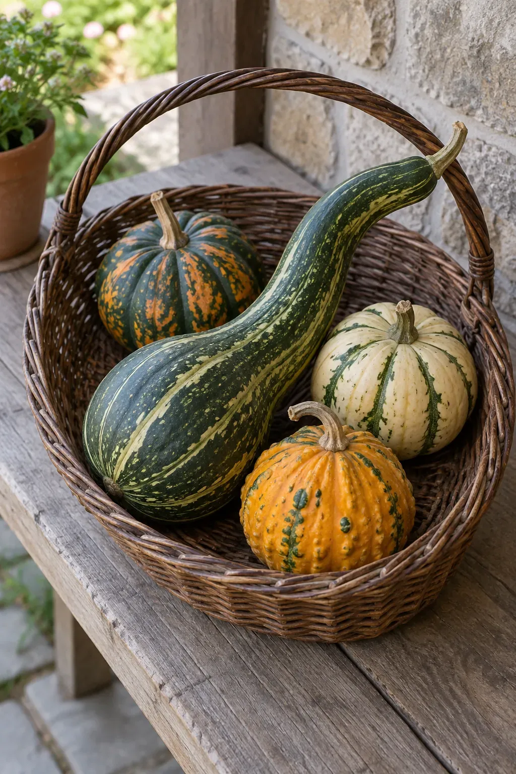 A Gathering Basket of Mixed Gourds on a rustic fall porch