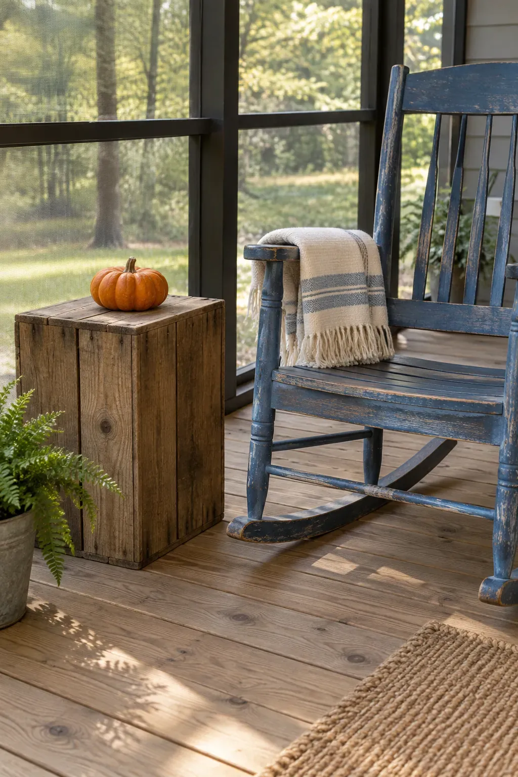 A Crate Table Beside a Rocker on a rustic fall porch
