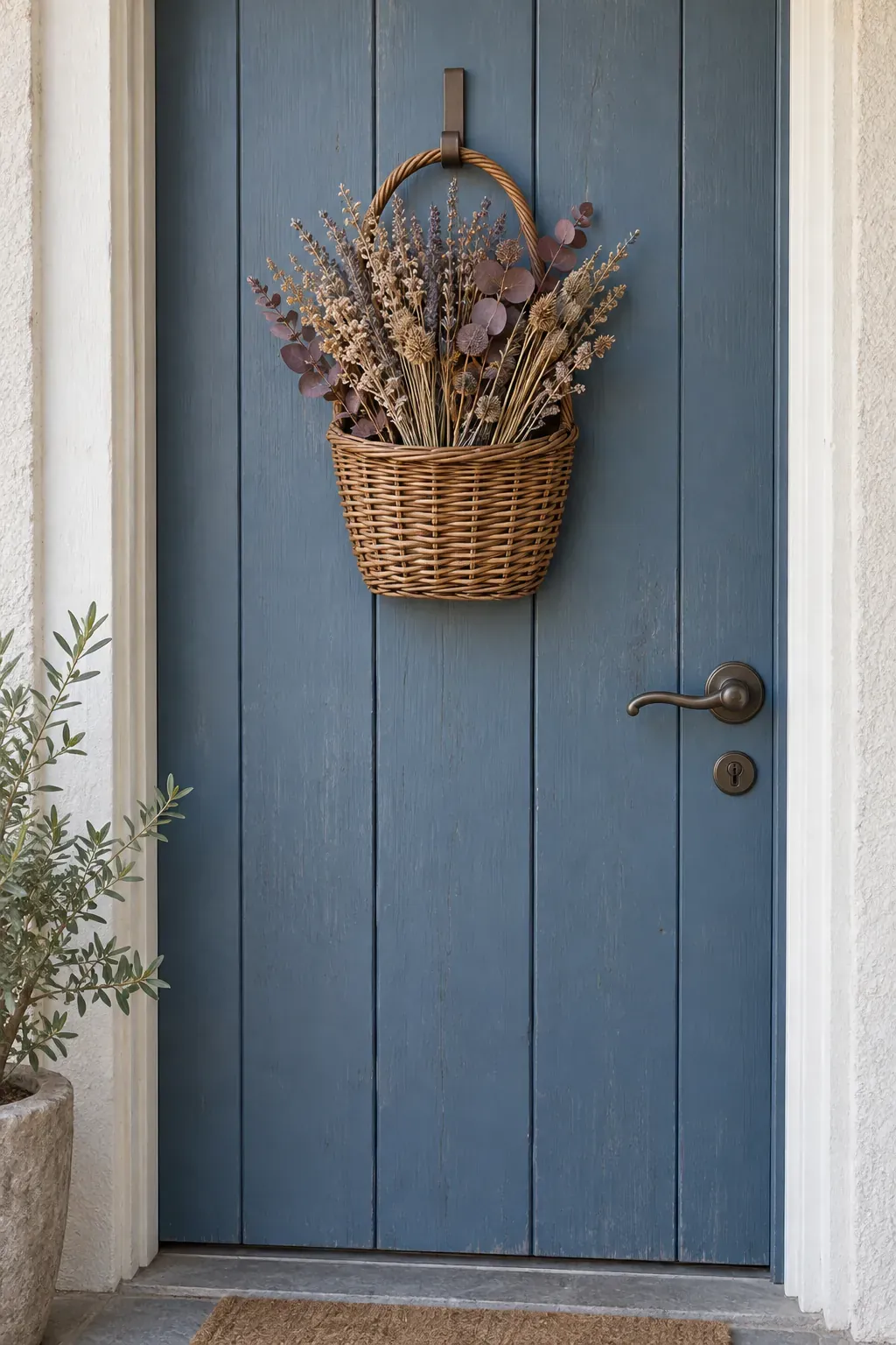 A Flat Basket on the Front Door on a rustic fall porch