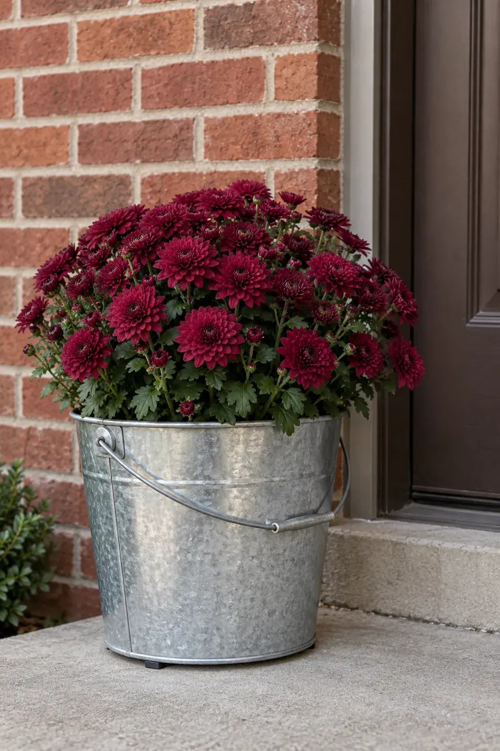 A Galvanized Bucket With Burgundy Flowers on a rustic fall porch
