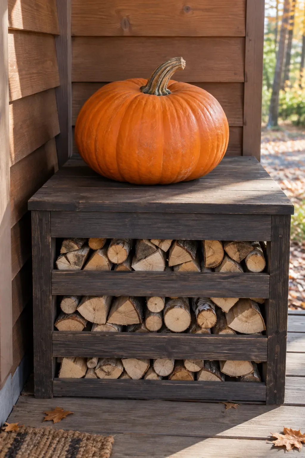 A Single Pumpkin Above a Crate of Kindling on a rustic fall porch