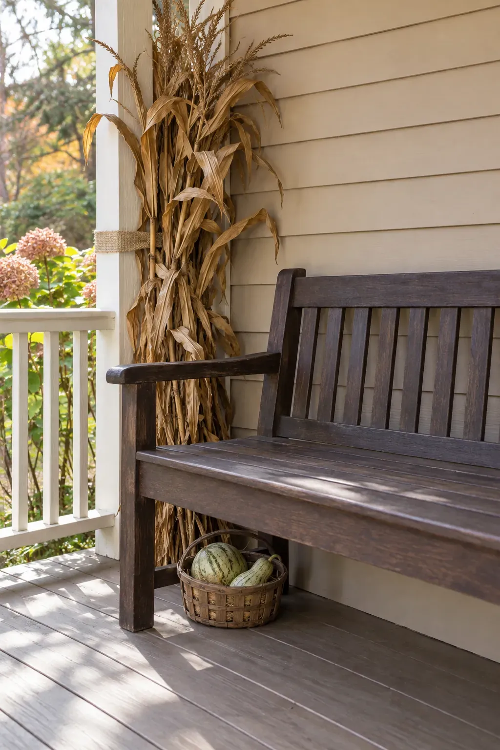 A Cornstalk Corner Behind a Bench on a rustic fall porch