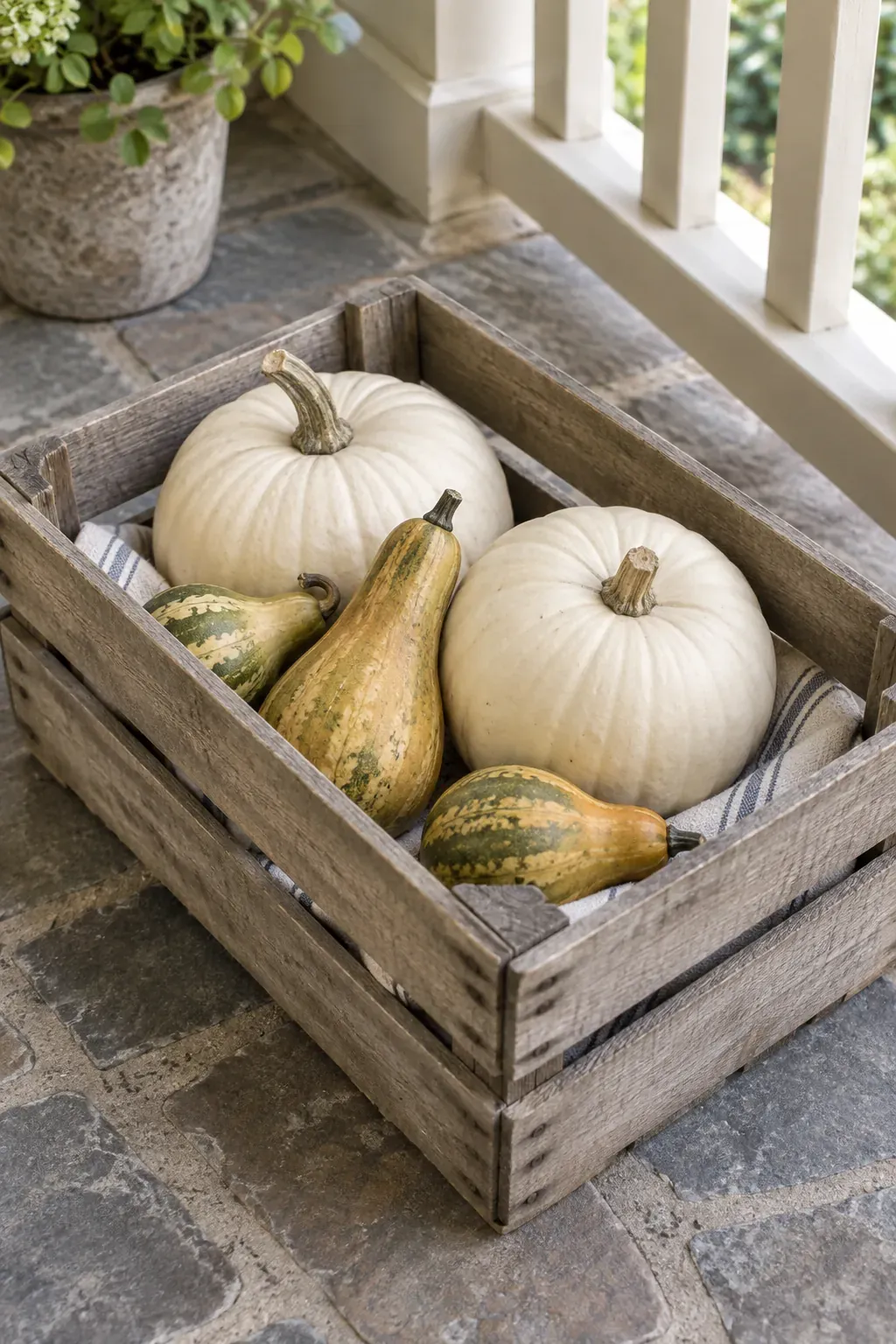 A Vintage Orchard Crate With Pear Shapes on a rustic fall porch
