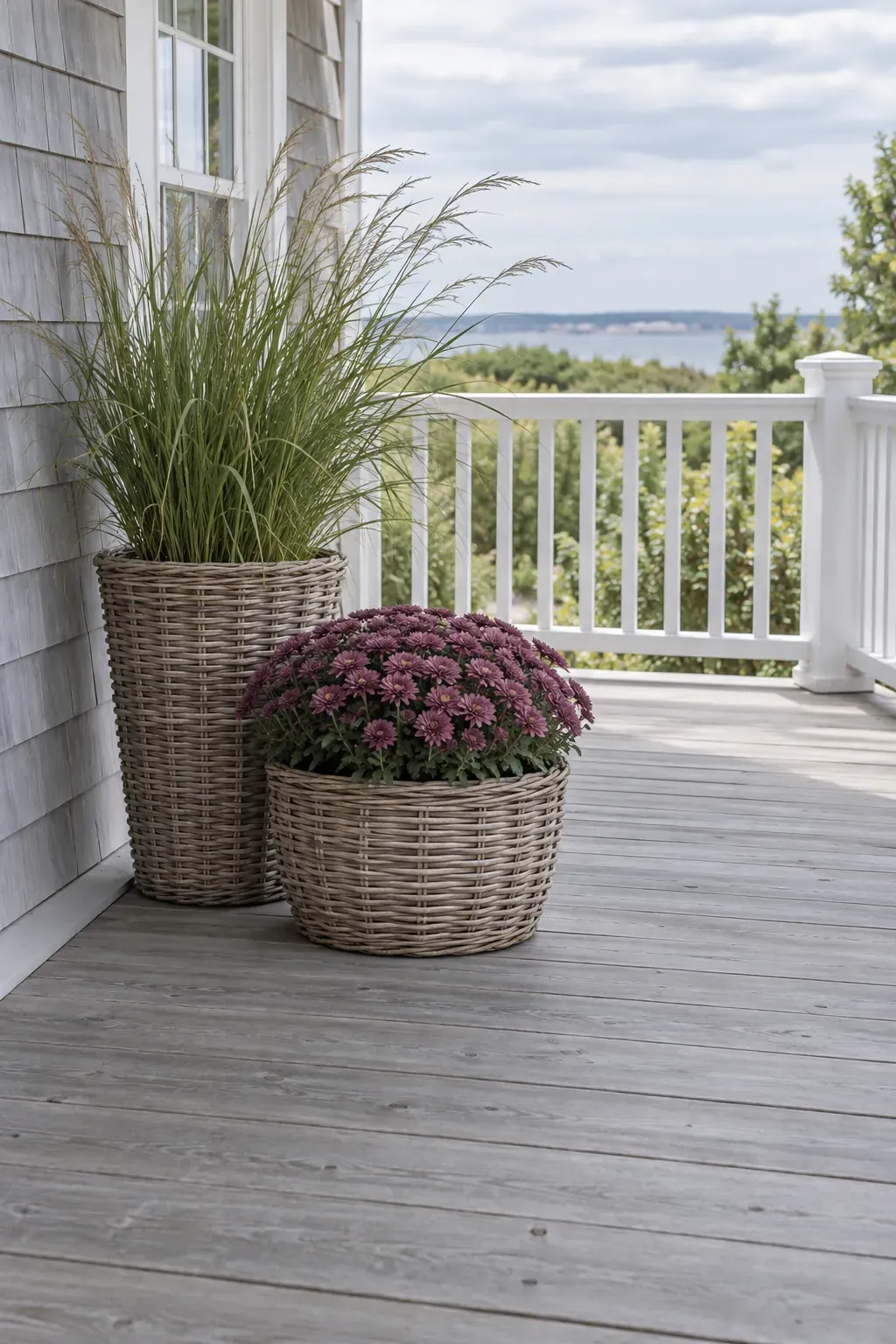 Two Basket Planters With Different Heights on a rustic fall porch