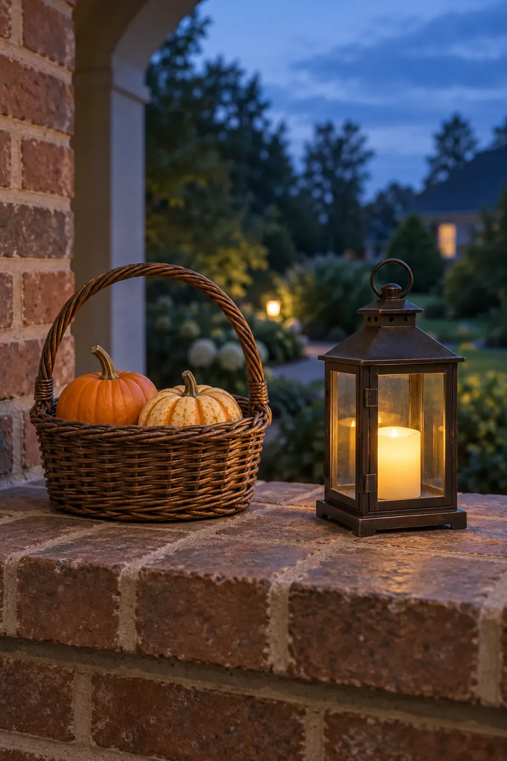 A Basket and Lantern on a Sheltered Ledge on a rustic fall porch