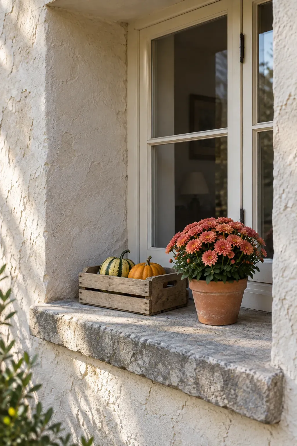 A Crate Display in a Deep Window Recess on a rustic fall porch