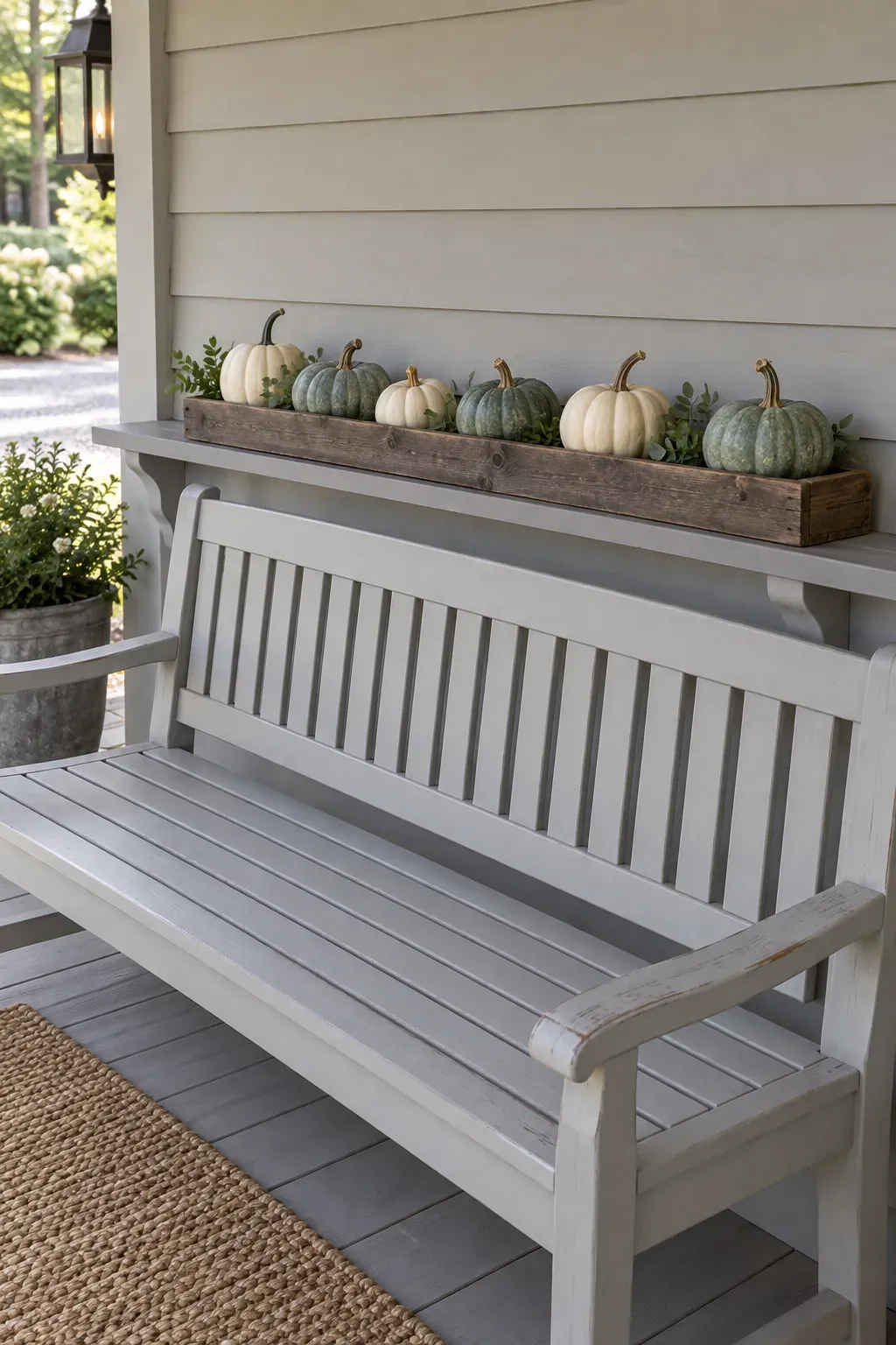 A Long Crate Along the Bench Back on a rustic fall porch