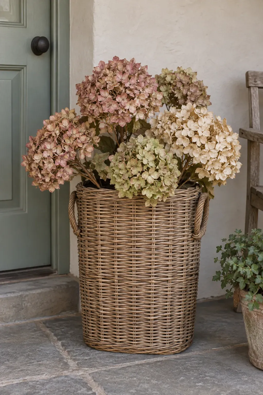 A Market Basket of Dried Hydrangeas on a rustic fall porch