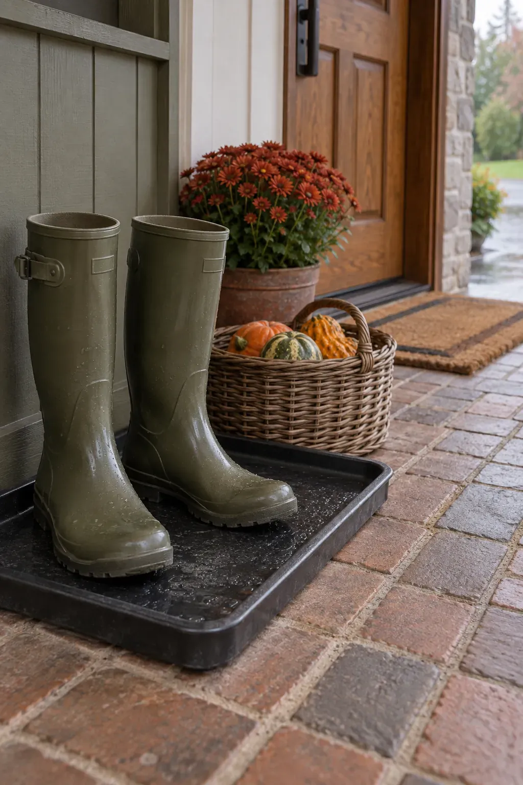 A Basket Display Around a Rain Boot Pair on a rustic fall porch