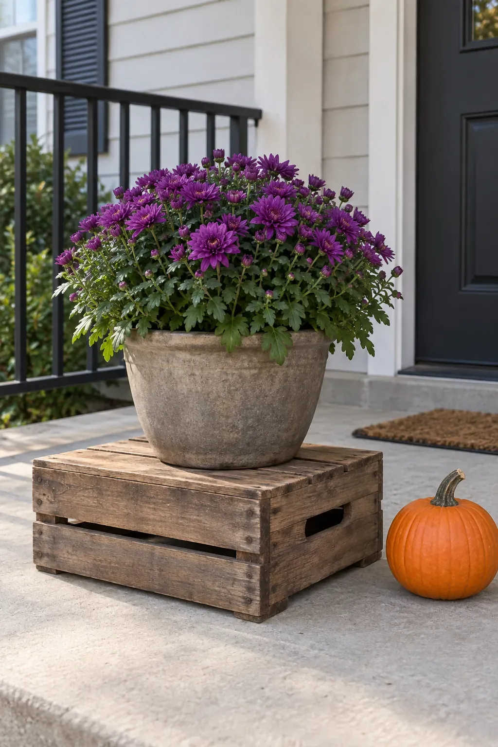 A Crate Base for One Large Planter on a rustic fall porch