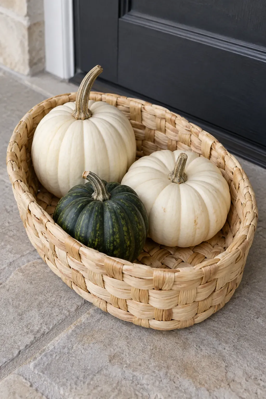 A Corn Husk Basket With Cream Pumpkins on a rustic fall porch