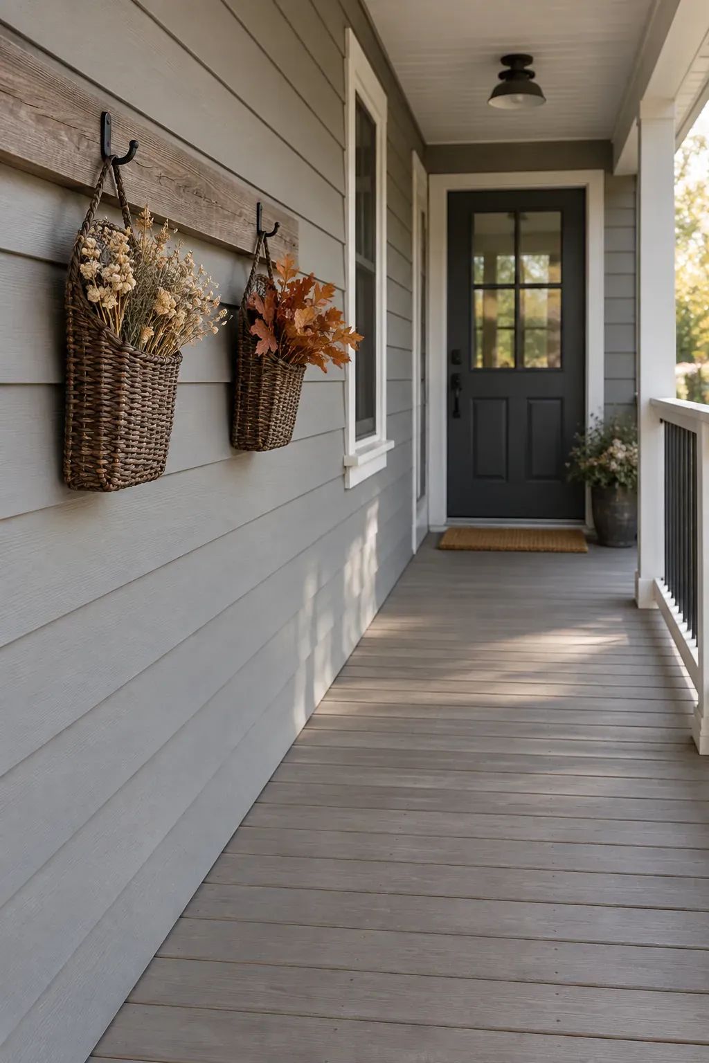 A Sidewall Rail With Hanging Baskets on a rustic fall porch
