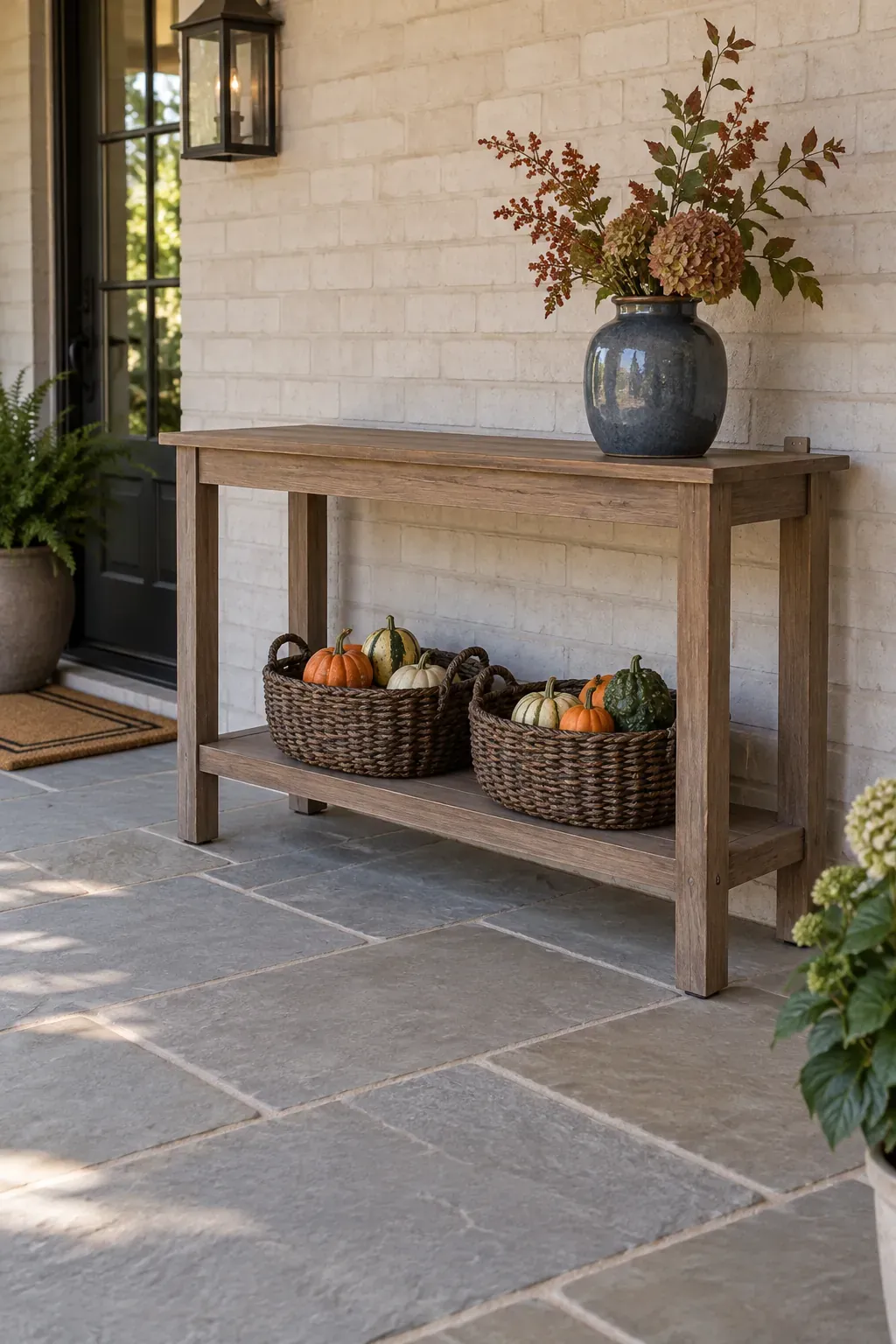 A Covered Console With Baskets Below on a rustic fall porch