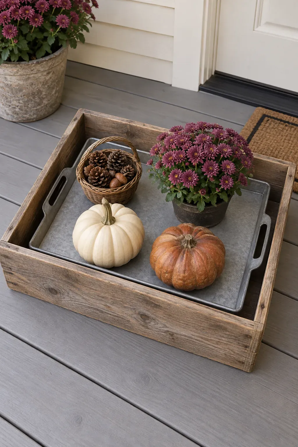 A Removable Harvest Tray Inside a Crate on a rustic fall porch