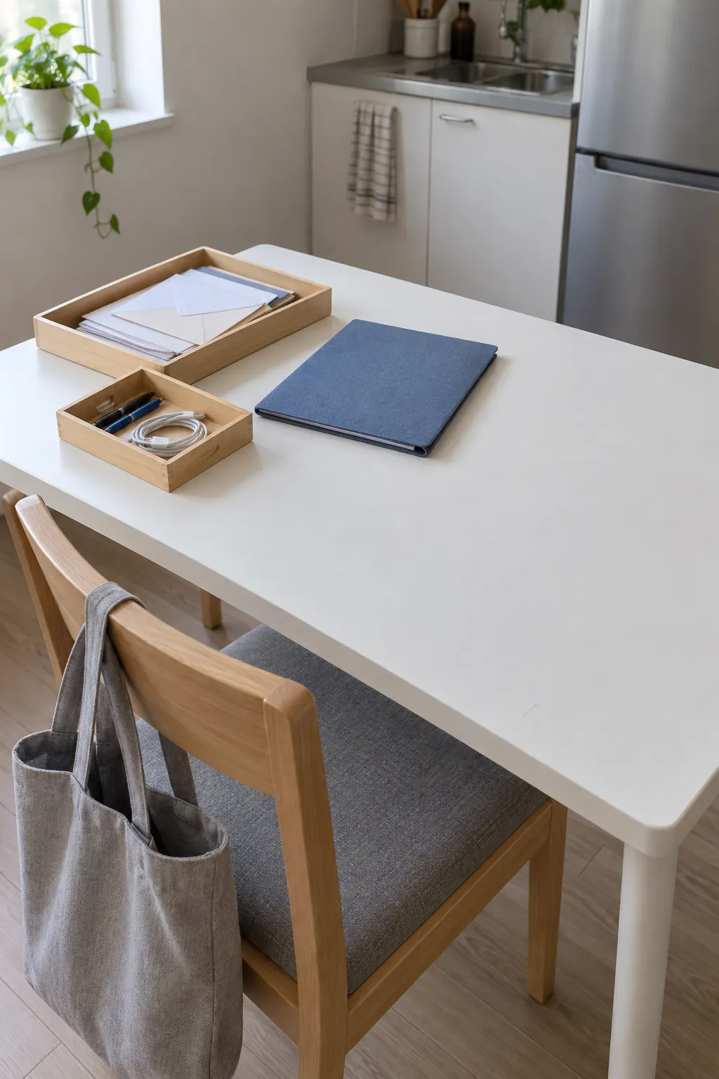 Photograph a manageable sorting session on one studio apartment table, focused on everyday paper and stationery rather than an overwhelming room full of belongings