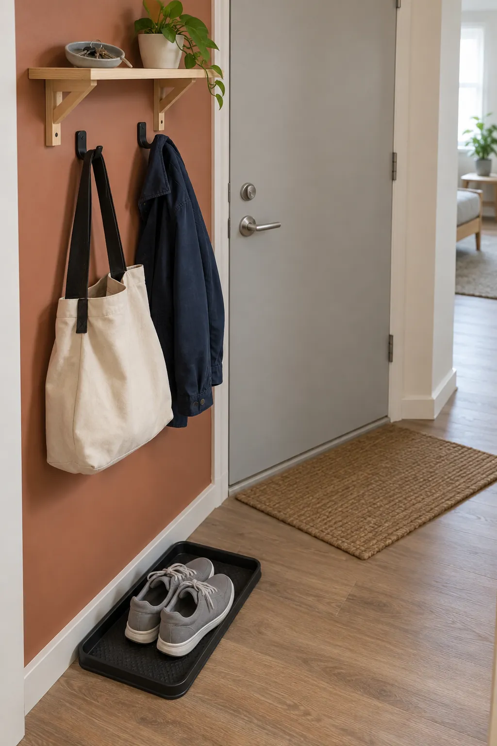 Create a close real photograph of a compact studio entry landing place for keys, a daily bag and one pair of shoes