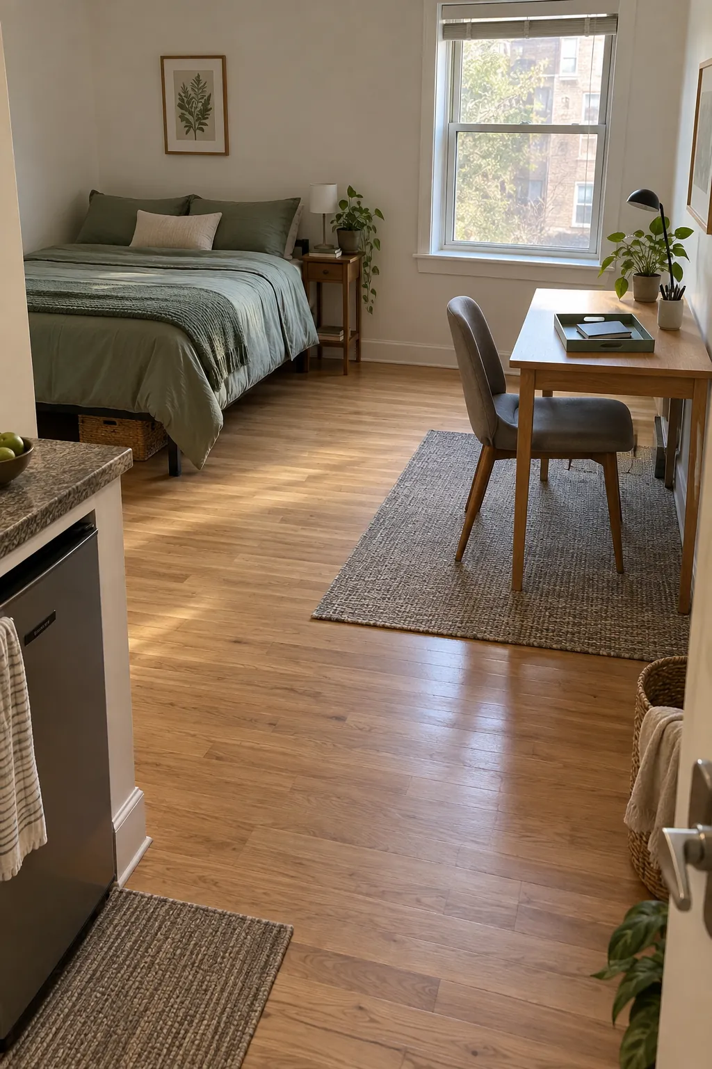 A natural interior photograph showing distinct sleep and work activities within one modest studio room
