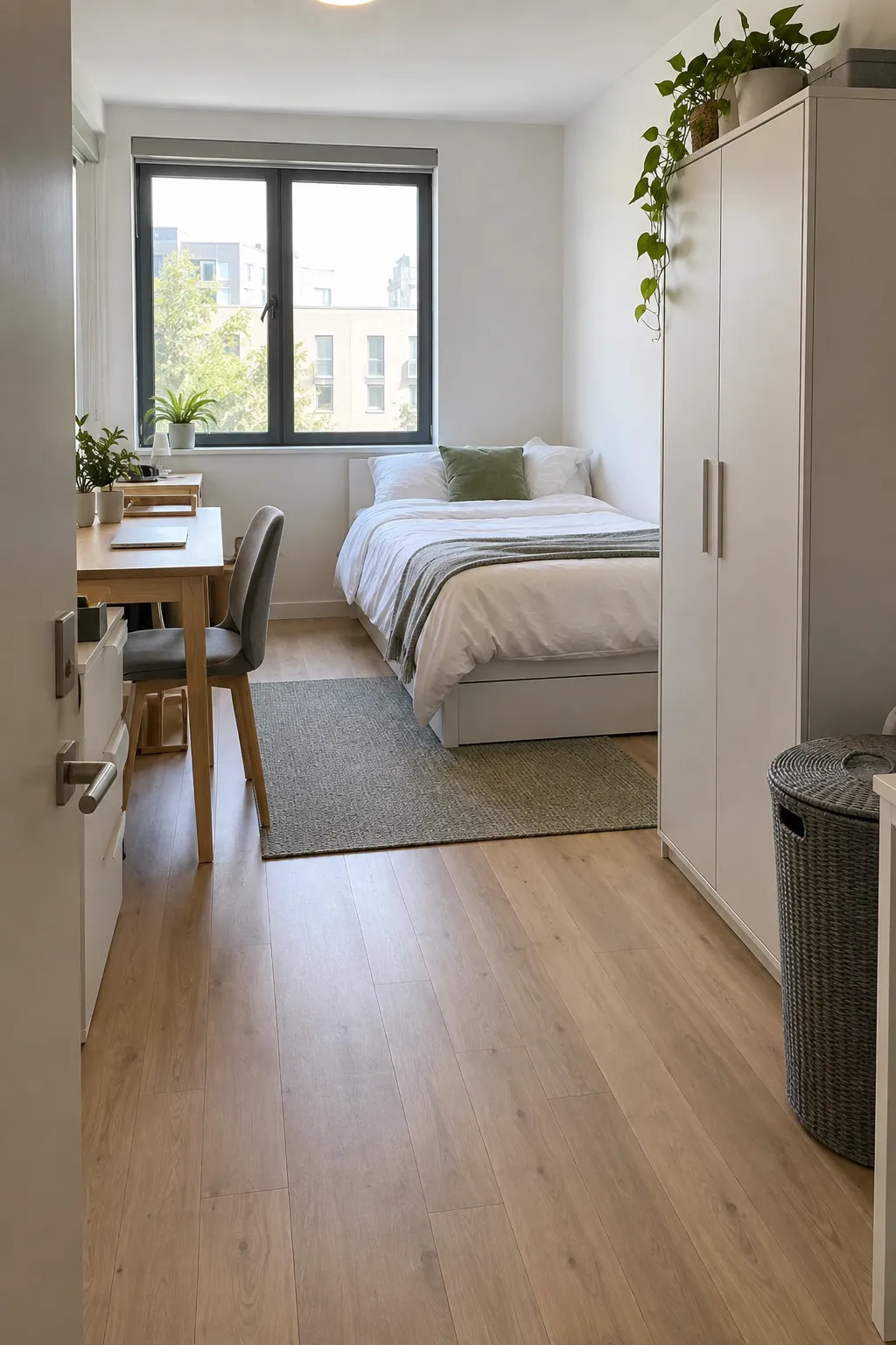 Organized studio with separate sleeping and table areas and closed storage