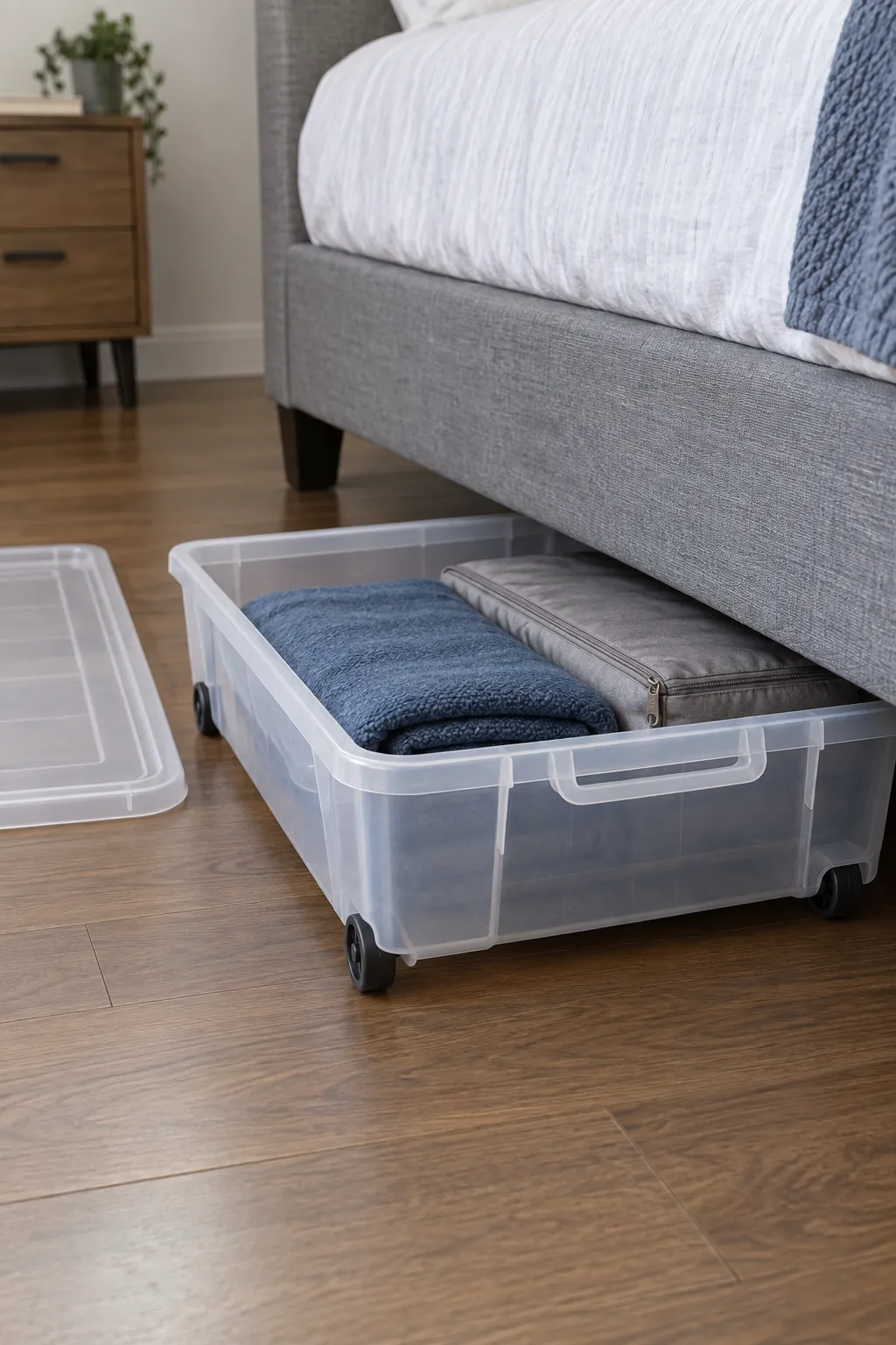 A real photograph showing a shallow rolling box retrieved from under a studio bed without obstruction