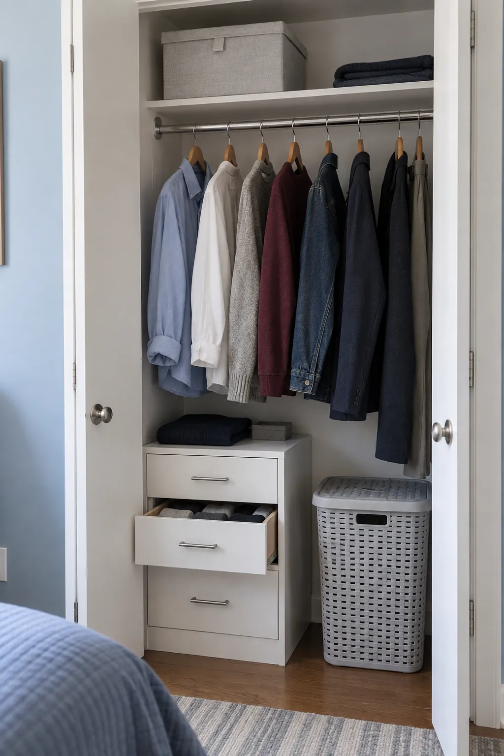 Photograph the interior of a small apartment closet organized around reachable everyday clothing