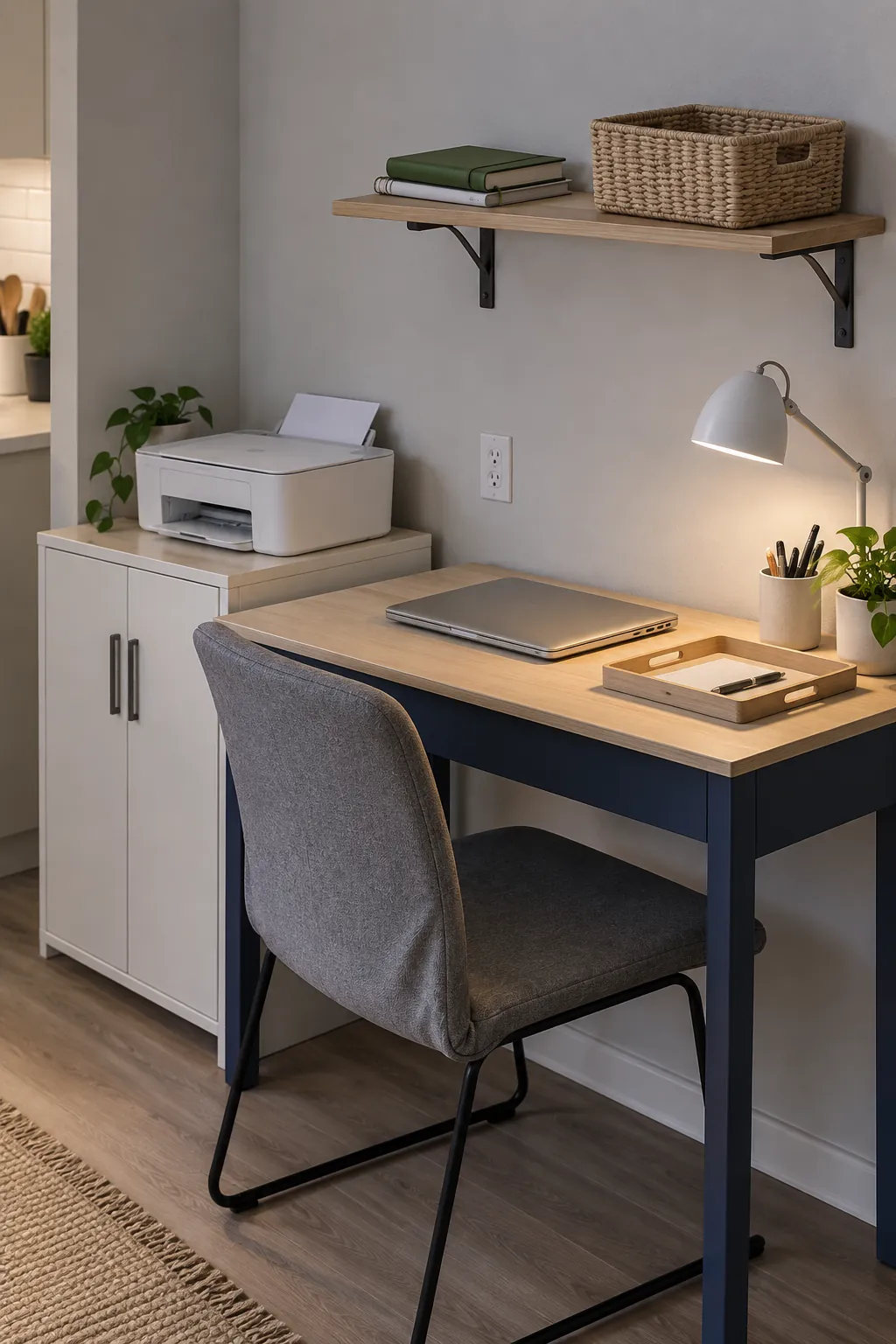 Photograph a small studio work nook using a short wall shelf for lightweight supplies while keeping heavier items low