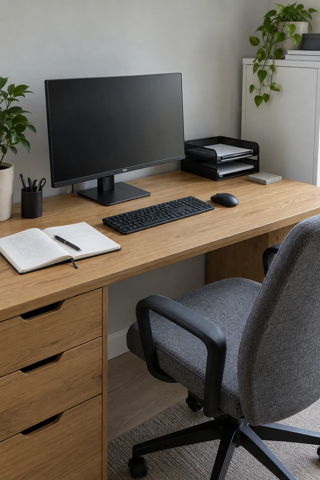 Clean desk setup with a notebook area and paper tray