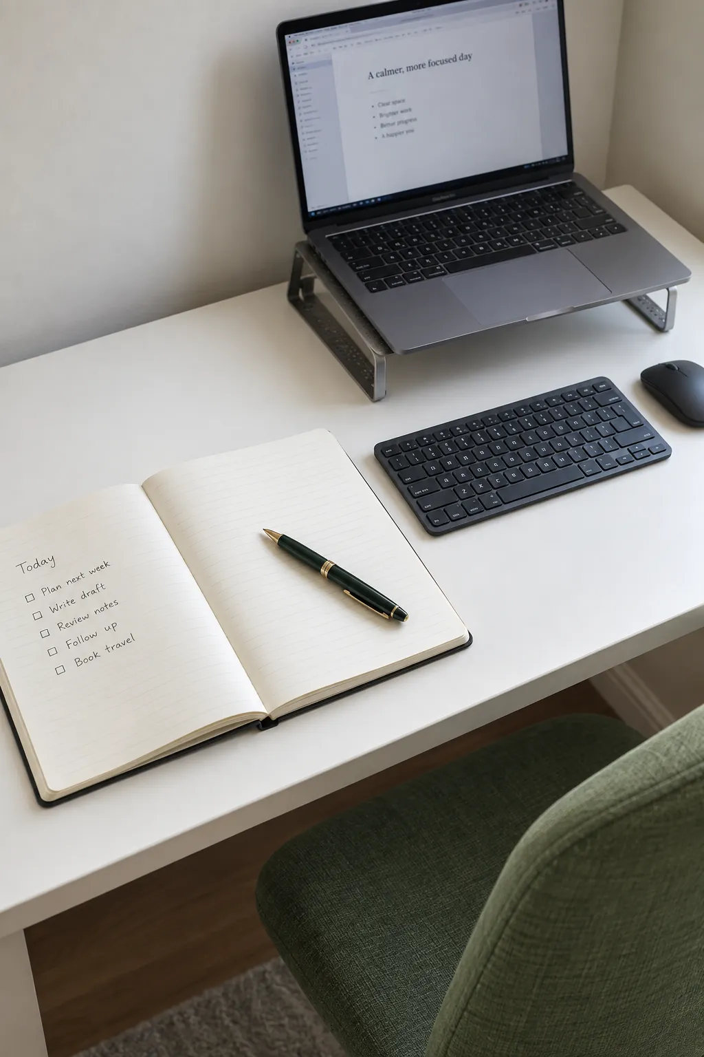 Laptop workspace with a clear area for an open notebook