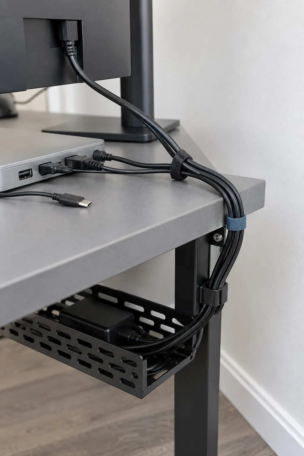 Accessible laptop dock cables routed toward a rear tray